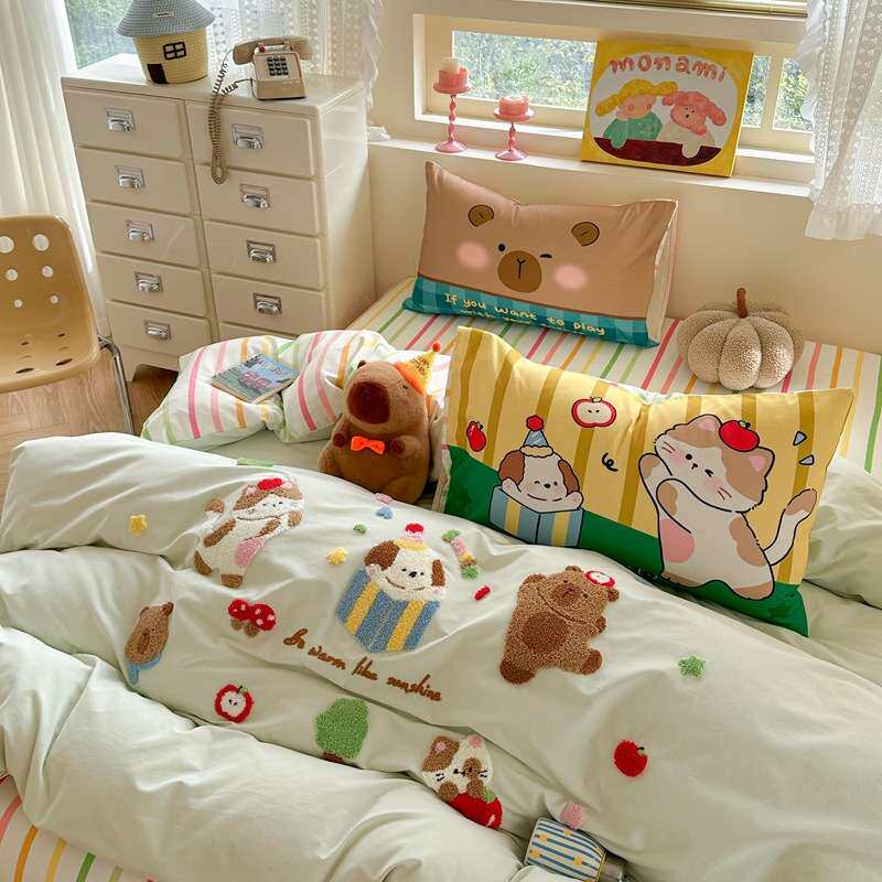 秋冬季毛巾绣可爱纯棉磨毛四件套被套床单100全棉加厚床上用品1.8