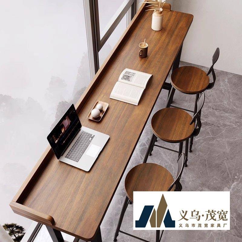 简约靠墙家用条桌实木吧台桌子靠窗休闲阳台脚长高脚桌椅窄桌组合