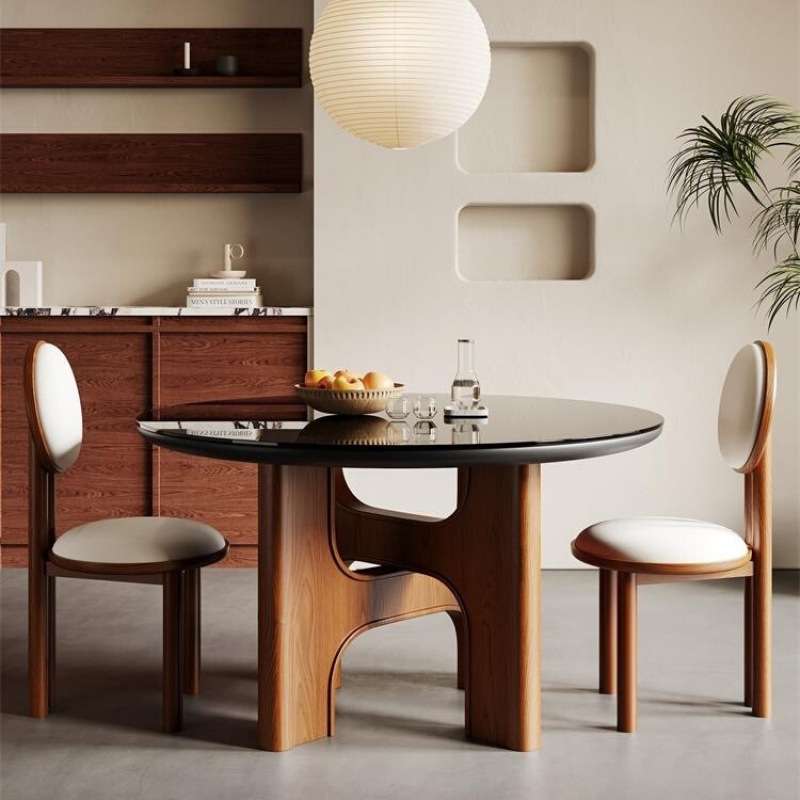 中古风钢化玻璃餐桌椅家用法式复古胡桃色实木设计师圆形饭桌子