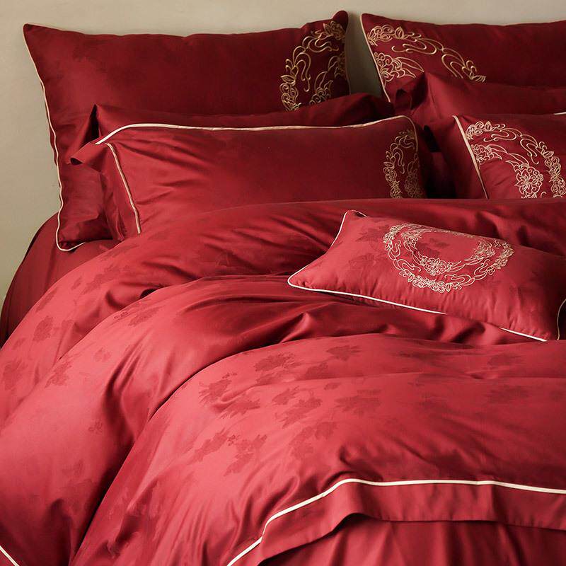 A类高支高密全棉婚庆四件套高精密刺绣提花结婚被套床上用品红色