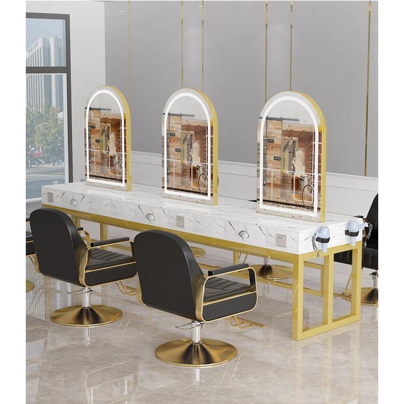 美发店带灯单面剪发理发店镜子大理石双面烫染镜台Z桌柜子一体