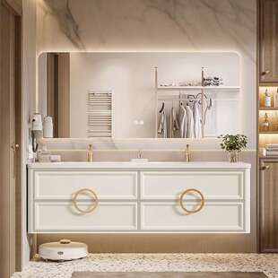 奶油风法式橡木浴室柜岩板无缝陶瓷一体盆组合洗漱台洗手脸盆双盆