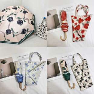 复古超轻便携彩胶金钩伞女士晴雨两用拎袋伞高档手动折叠太阳雨伞