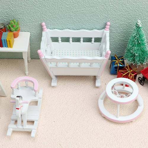 1:12娃娃屋dollhouse迷你家具模型儿童房套装摇篮小木马学步车粉