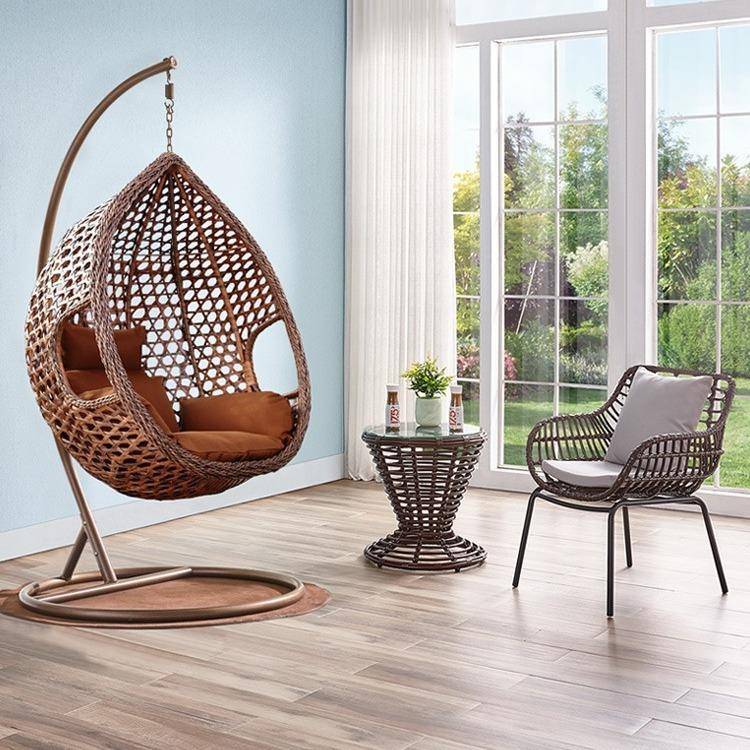 户外藤编秋千三件套组合花园庭院吊篮组合藤编桌椅鸟巢吊椅家具