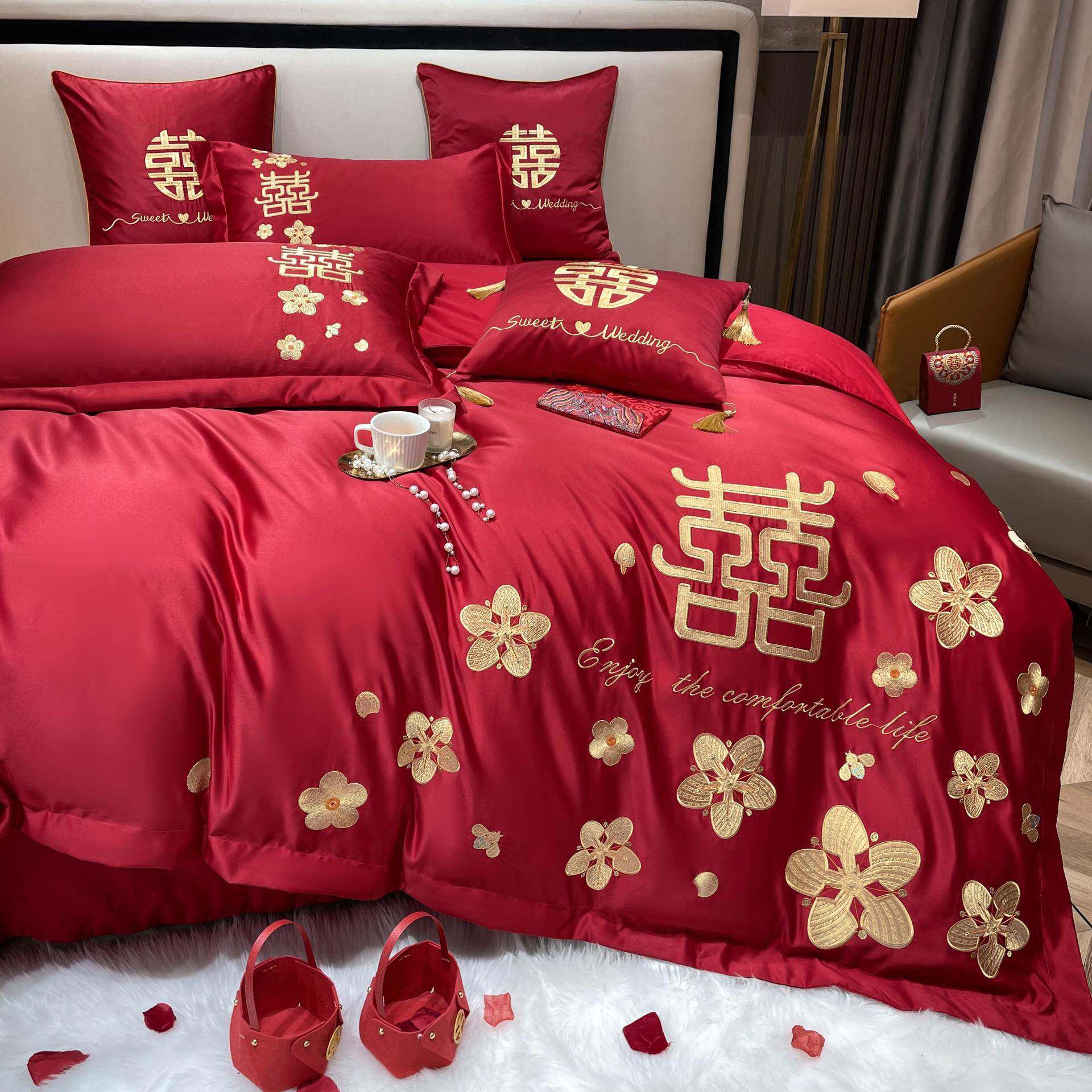 全棉长绒棉婚庆四件套纯棉结婚房喜被子大红色新婚礼床上用品喜庆
