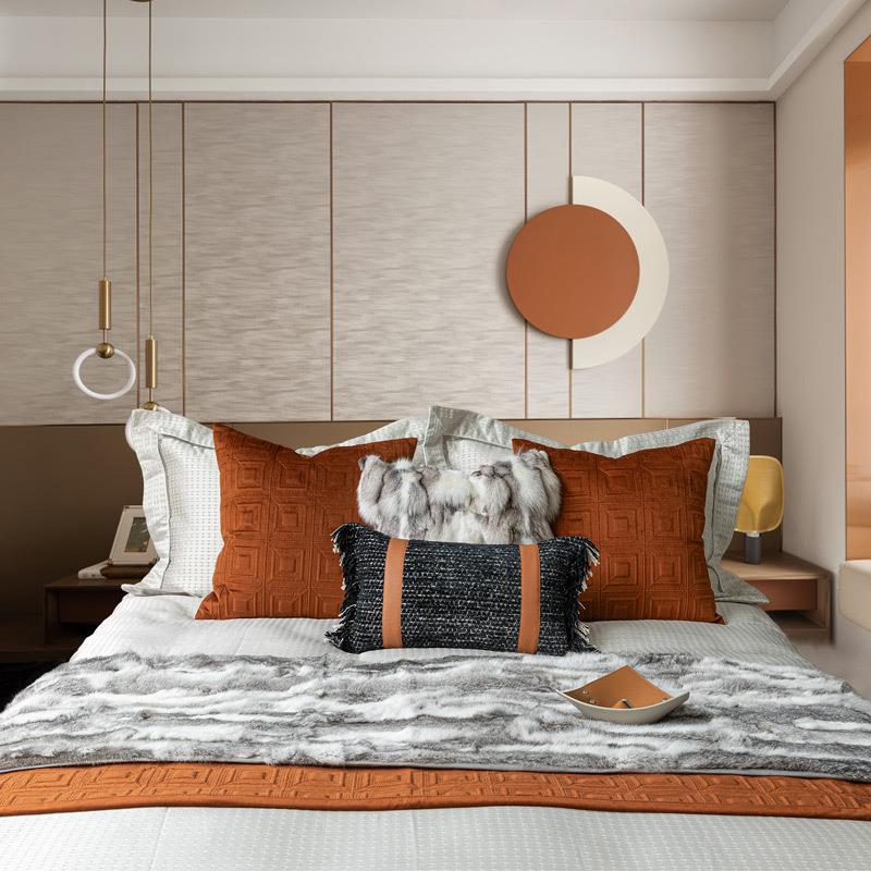 现代轻奢橘色床品软装多件套 样板房展厅陈列四件套抱枕床旗组合