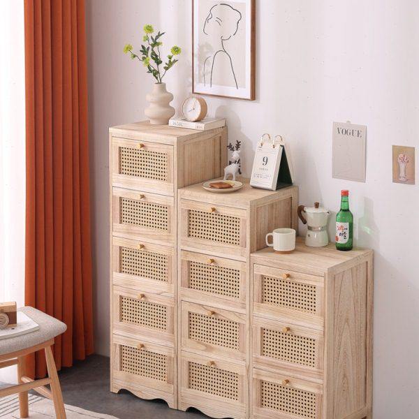 现代简约藤编原木五斗柜北欧卧室餐边柜日式电视柜收纳储物小柜子