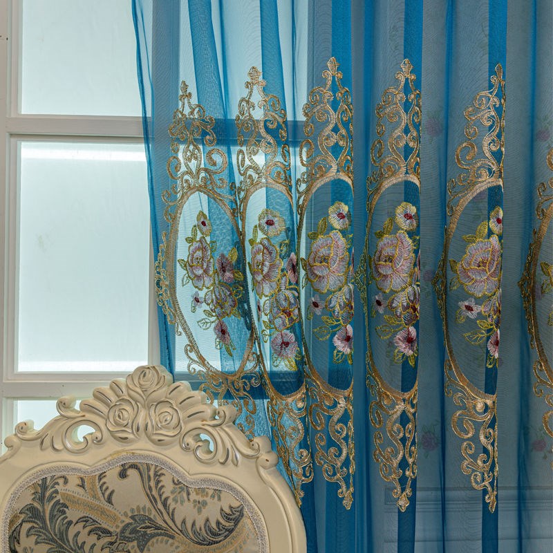 欧式高档奢华刺绣绣花纱帘客厅A阳台窗帘遮光蓝色窗纱卧室遮网红