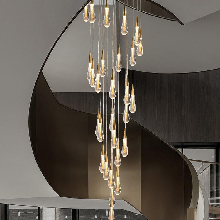 楼梯吊灯 复式楼 旋转别墅复式客厅楼中楼梯灯长现代简约水滴吊灯