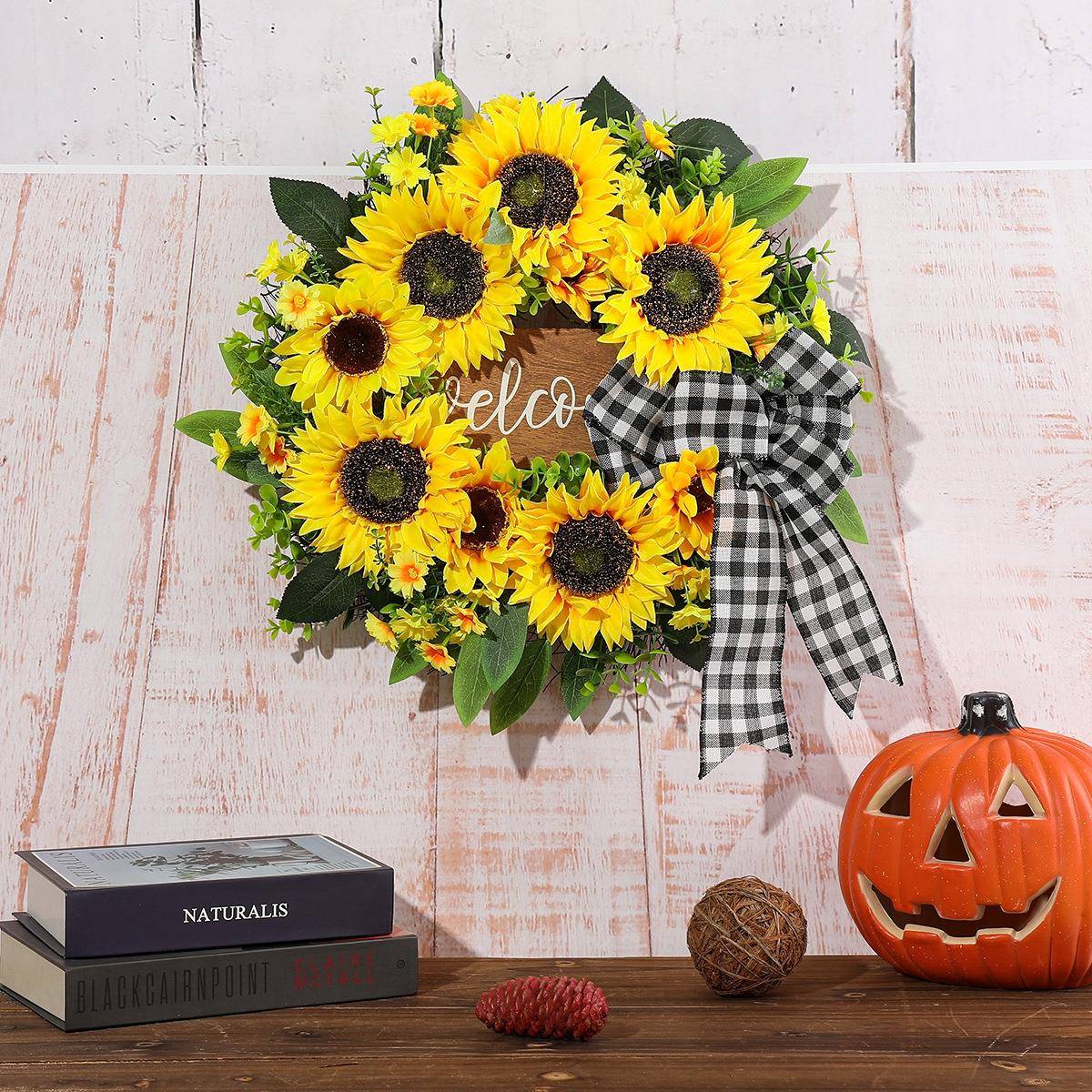 纵鸿蝴蝶结向日葵木牌花环春夏季门挂花环前门庭院家居装饰花环