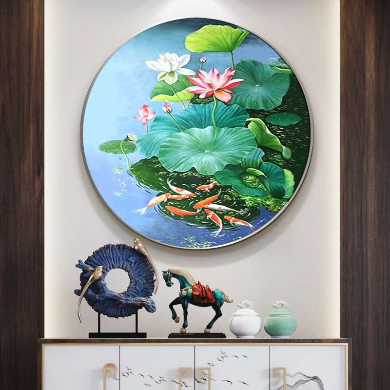 纯手绘油画荷花鱼图圆形壁画餐厅装饰画玄关装饰画走廊过道挂画图片