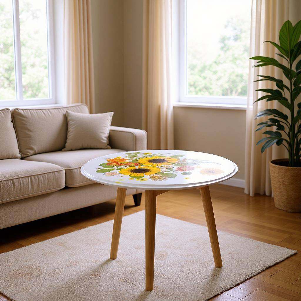 客厅阳台餐厅花卓圆桌咖啡卓家用桌子家具优雅高级干花镶树脂圆桌