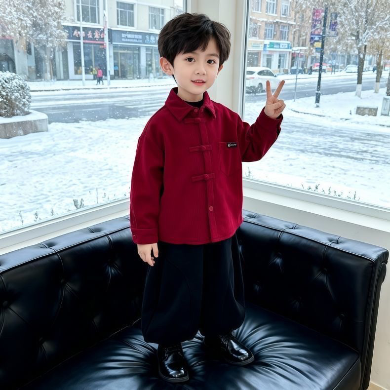 2026小少爷冬装男童加绒衬衫宝宝红色过年衣服拜年服加厚衬衣国风