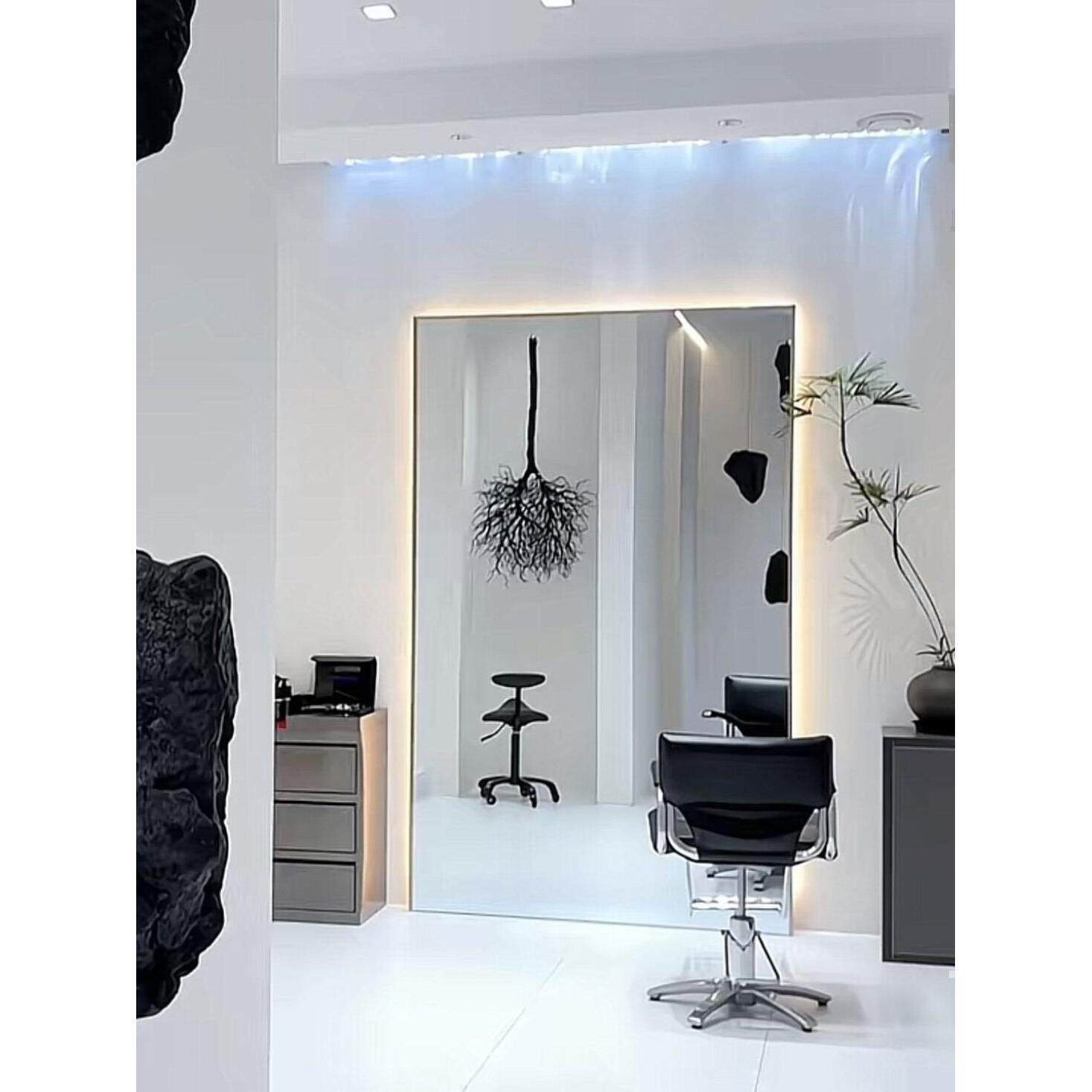 简约黑边框不锈钢美发镜大尺寸单面落地镜背光镜理发店工作室镜台