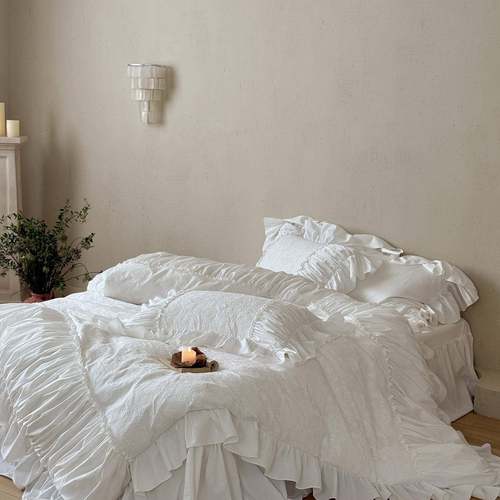 法式公主风白色床裙款全棉四件套刺绣褶皱边纯棉被套床单床上用品