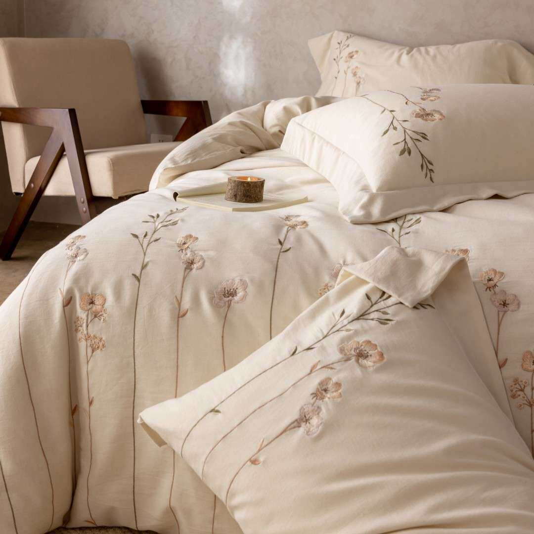 一束一束的花 | 东方韵味棉麻四件套刺绣被套四季透气宽边床上用