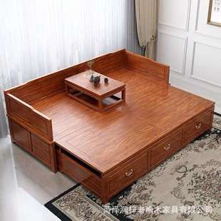 罗汉床新中式推拉床实木沙发小户型老榆木茶桌炕几美人贵妃榻组合