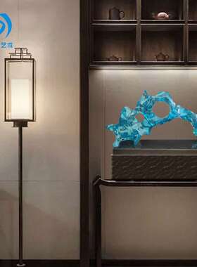 新中式家居装饰透明浅蓝色树脂雕塑摆件现代样板房酒店售楼处饰品