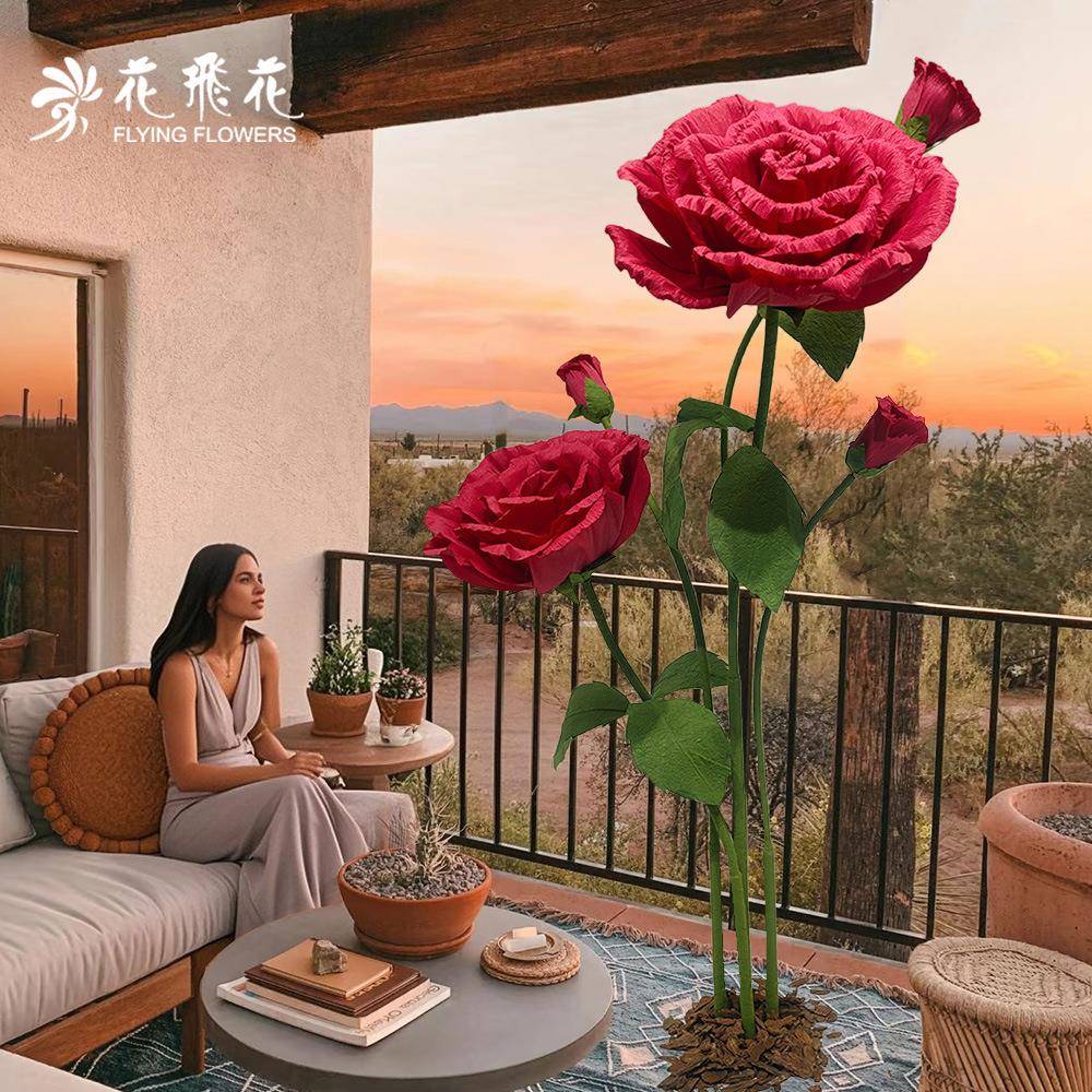 巨型纸艺红玫瑰装置商场婚礼浪漫氛围布置七夕情人节拍摄打卡道具