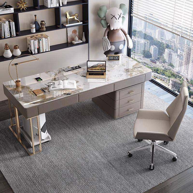 现代简约轻奢岩板书桌家用意式设计师电脑桌高端办公室桌椅写字台