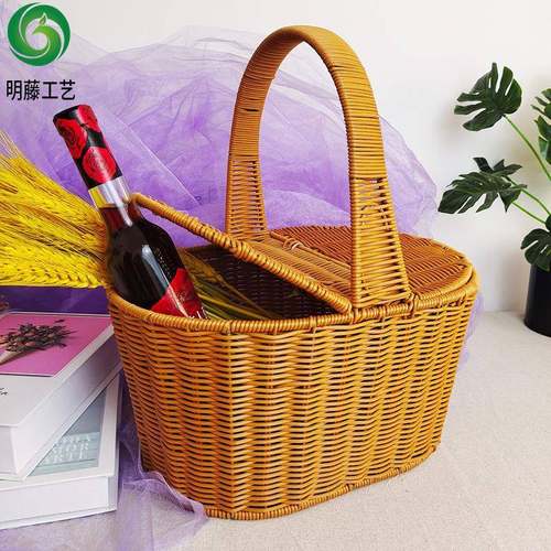 源头厂家椭圆形带盖手提篮仿藤编户外野餐篮家用买菜购物篮水果篮