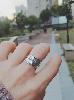 银曼 925银羽毛戒指潮人开口男士戒指日韩创意个T性高桥吾郎女指