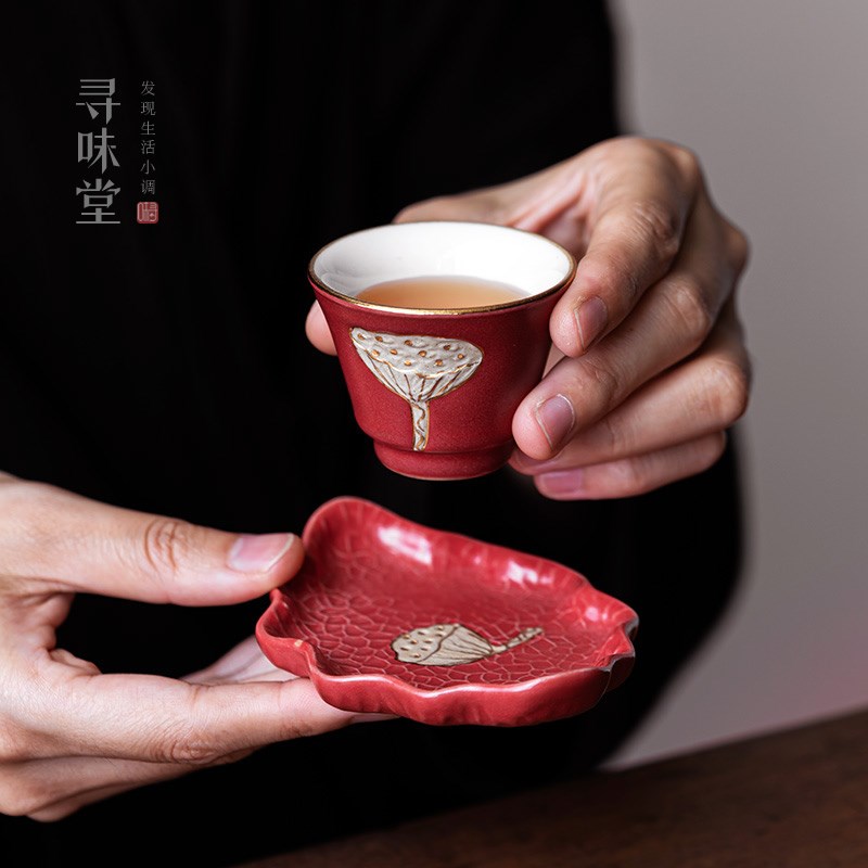 宫墙红莲生吉祥品茗杯杯垫复古C描金莲蓬粗陶小茶杯功夫茶具杯托