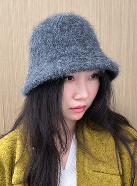 显脸小轻便保暖女士冬季灰色v 白色安哥拉兔毛羊毛混纺渔夫帽盆帽
