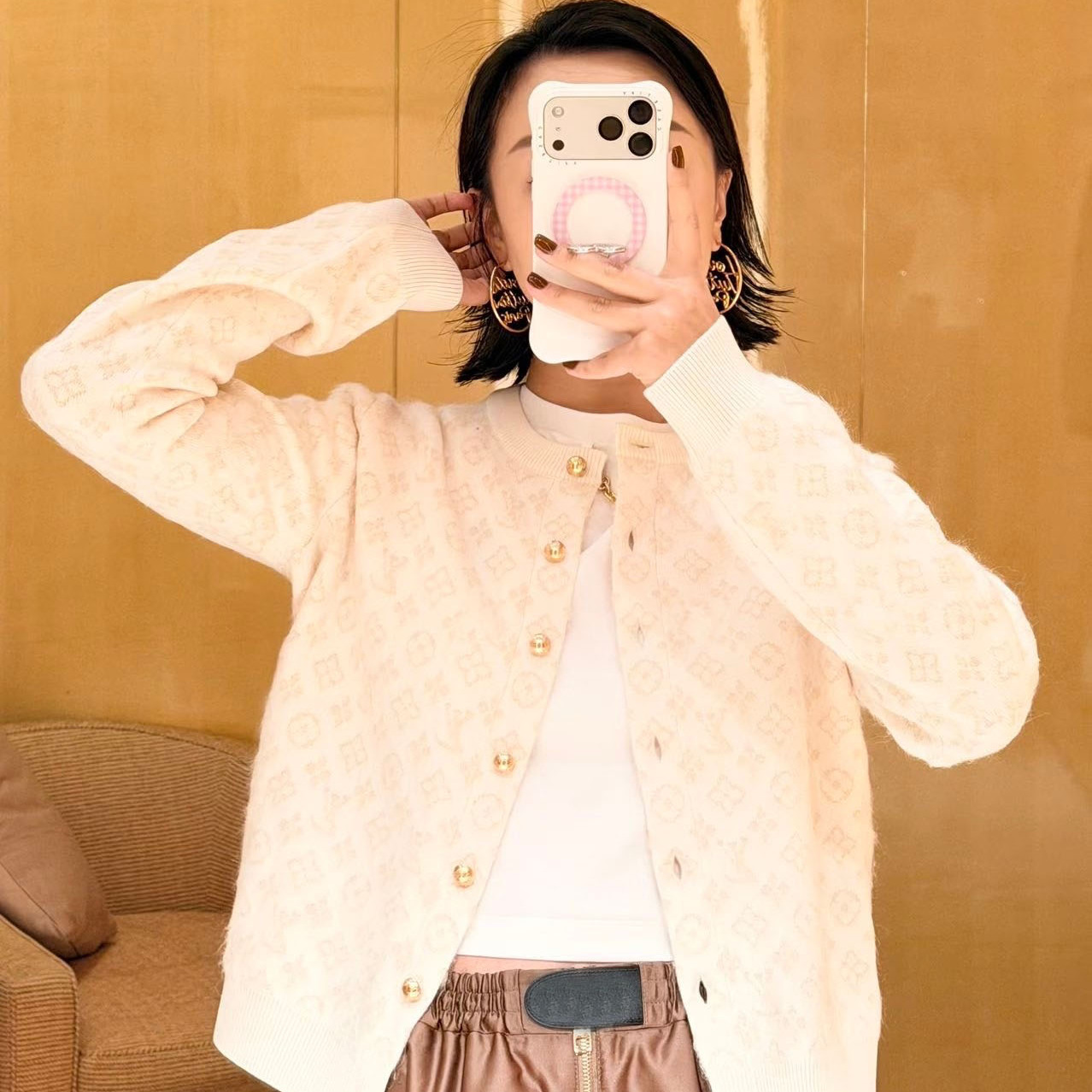 顶顶家 非市场通货 满印字母提花绵羊毛山羊绒金属扣针织圆领开衫