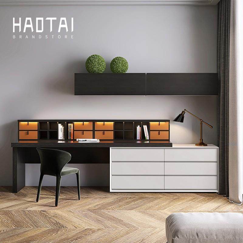 意式极简卧室梳妆台收纳斗柜一体化实木现代轻奢皮革伸缩书桌组合