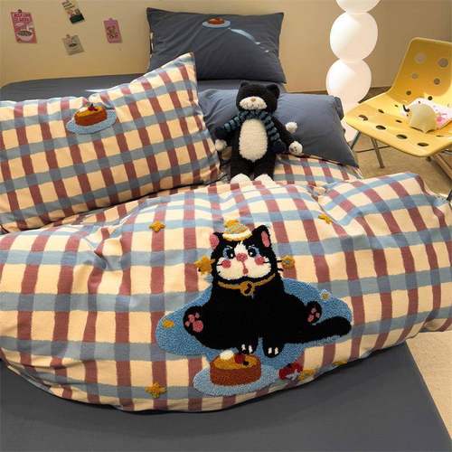 A类纯棉磨毛床上四件套全棉毛巾绣加厚被套罩学生宿舍床单三件套