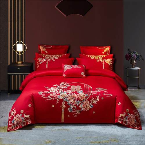 新款60S全棉刺绣婚庆四件套 纯棉大红结婚龙凤刺绣多件套床上用品
