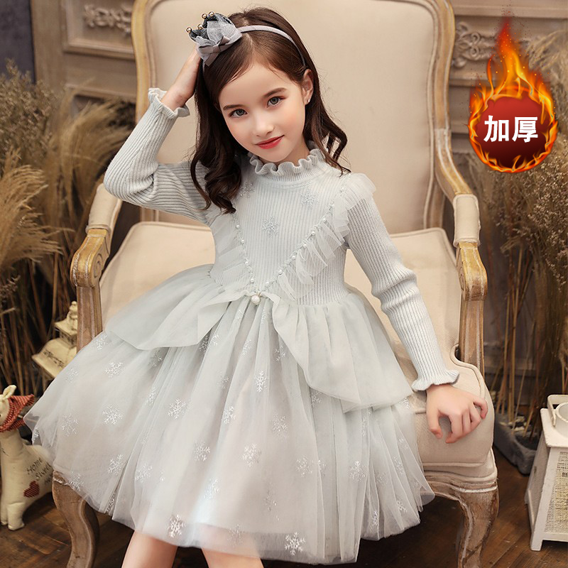 中小童女童冬款针织拼接公主裙洋派K雪花烫银网纱洋装篷篷