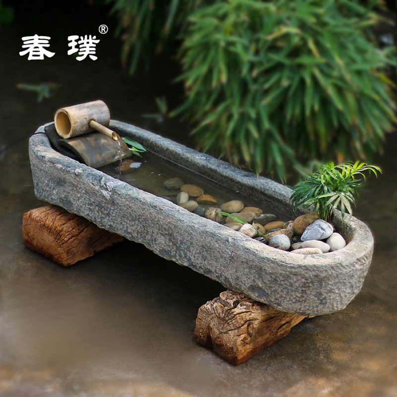 老石槽流水摆件户外庭院石缸景观旧石头鱼缸N花盆猪槽阳台水景组