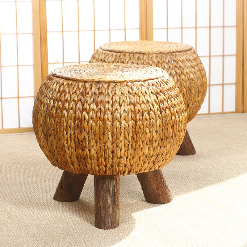 矮凳坐墩圆凳换鞋凳m草编藤编阳台榻榻米板凳时尚家用乡村实木凳