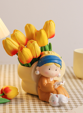 可爱珍珠女孩花瓶摆件客厅插花办公室桌面情绪稳定装饰.生日礼物