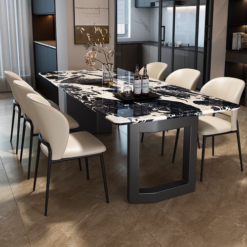 小户型意式d极简纯黑色大理石长方形餐桌椅组合家用现代简约饭桌