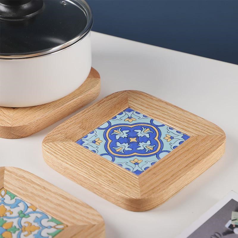木质日式复古隔热垫家用实木花砖锅垫隔热餐垫R耐热陶瓷盘子餐具