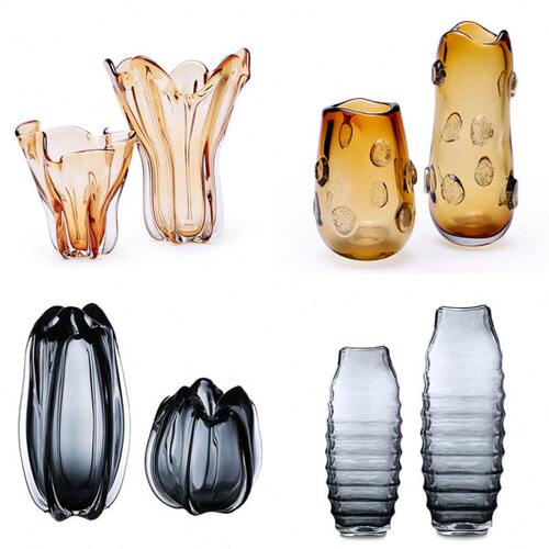 轻奢极简北欧宽口径琥珀色玻璃花瓶质感花器样板间售楼处客厅玄关