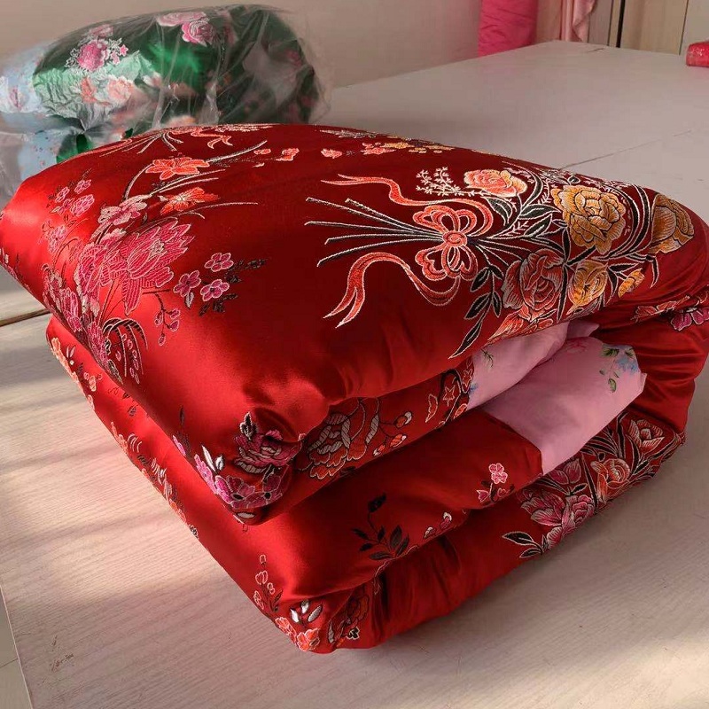 老式包边绸缎被子结婚红绿婚被手工喜被龙凤条纹T被套全棉被芯包