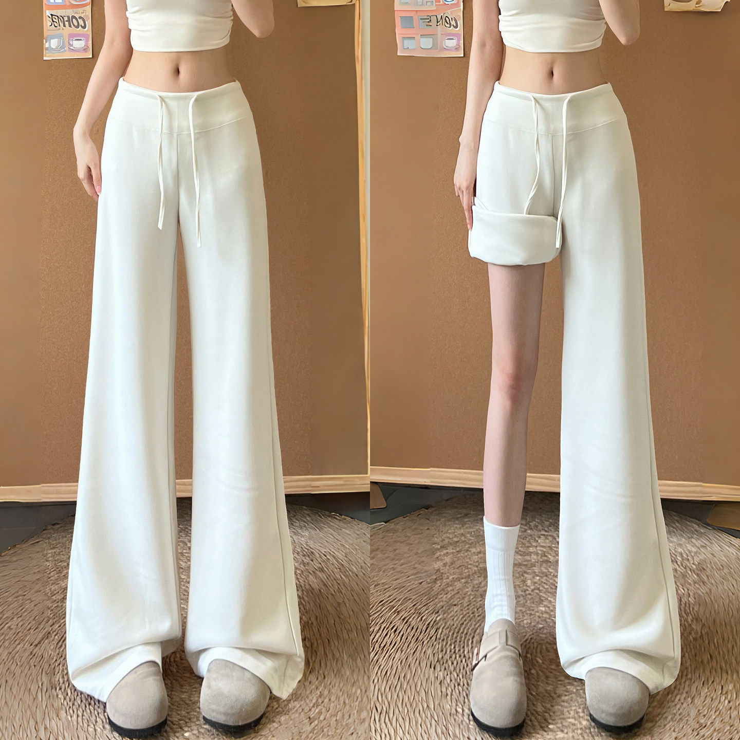 白色云朵冰丝阔腿裤女2026夏季薄款垂感宽松显瘦高腰运动风休闲裤