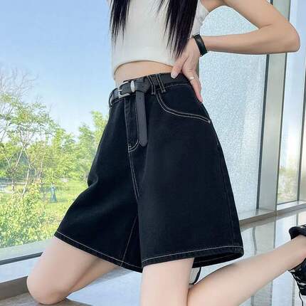 黑色明线五分牛仔短裤女2026夏季薄款高腰显瘦宽松遮胯小个子五分