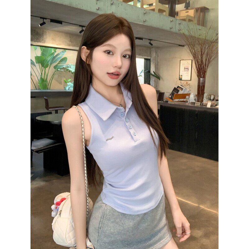 甜辣妹露肩polo翻领钮扣