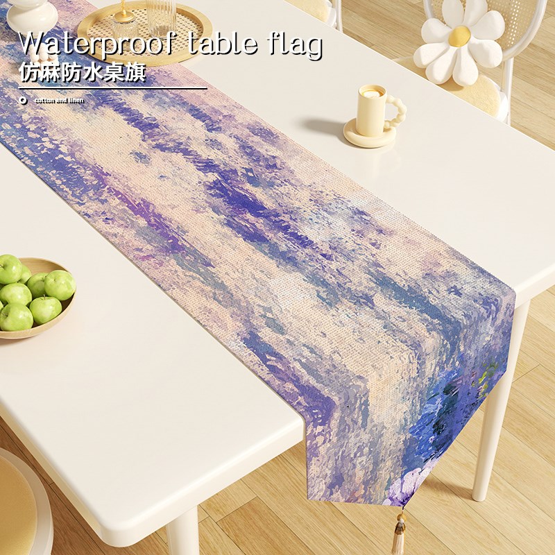 莫奈油画餐桌茶几l桌旗餐边柜装饰防尘布餐边柜垫长条布艺桌布桌