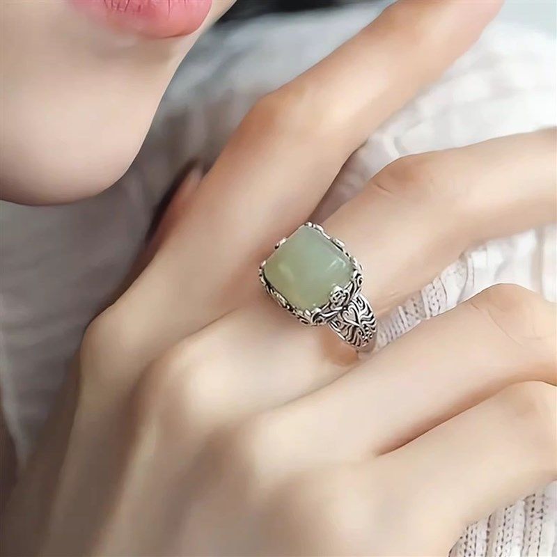 925银铜钱方糖戒指女新中式复古镂空花纹和田P青玉高级感活口指环