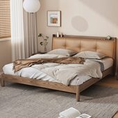 小户型北欧木卧室1.8米床单实木白蜡双人1.5真皮床带软包简约现代