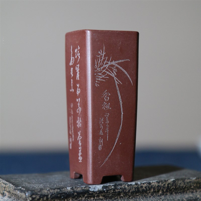 紫砂花盆小签筒千刻微型花盆桌面掌上盆K景悬崖盆手工筒绘张可磊