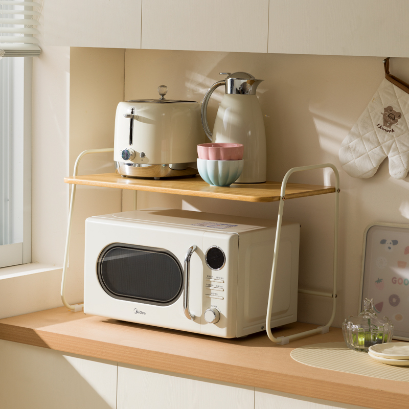 原木奶油风微波炉置物架厨房电饭煲D架子台面多功能电器烤箱收纳