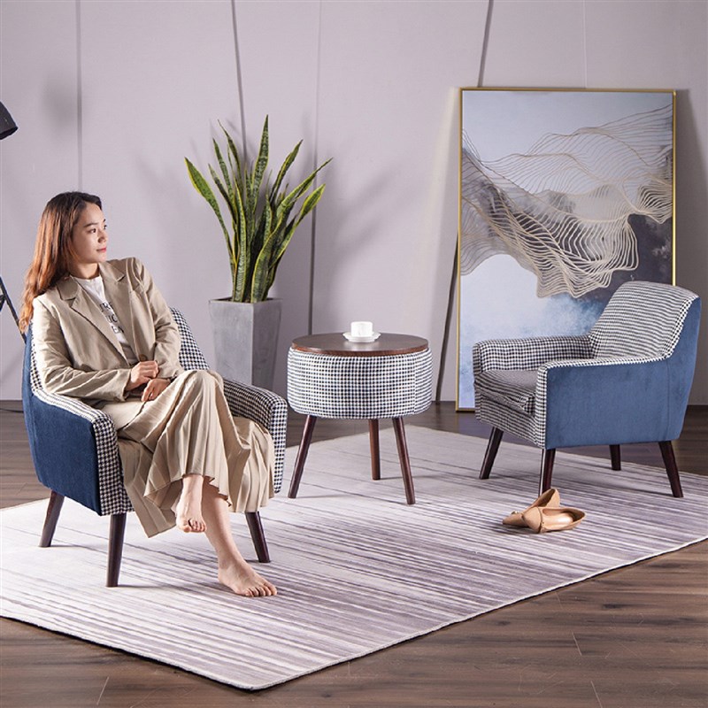 北欧实木布艺拼色单人沙发阳台休闲F椅卧室庭院酒店民宿现代简约